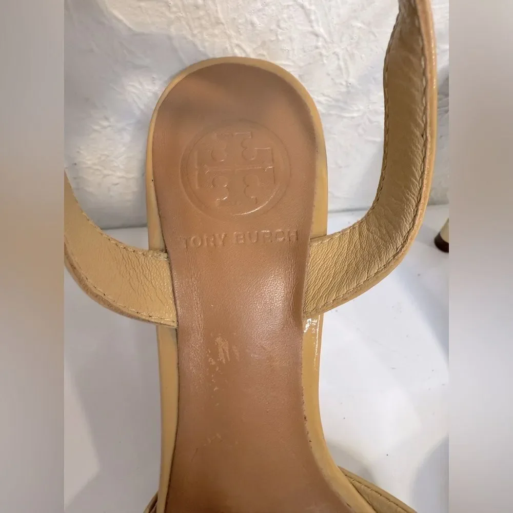 Tory Burch Tania Patent Leather Ankle Strap Sandals Tan 6.5